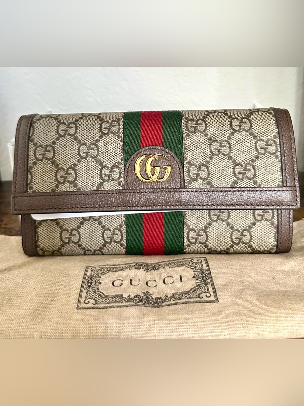 Gucci Beige Brown Monogram Wallet with Green and Red Stripe
